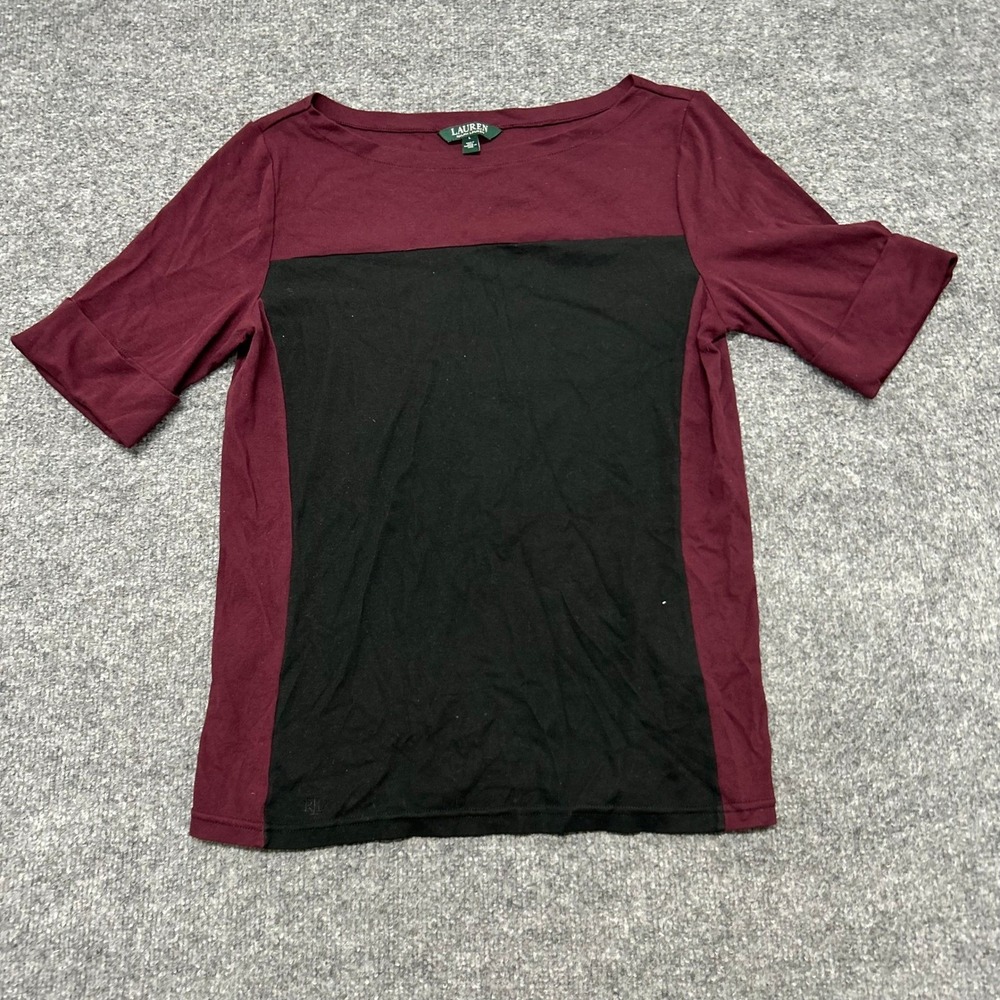 Lauren Ralph Lauren Top Womens L Burgundy Black Colorblock Short Sleeve Knit